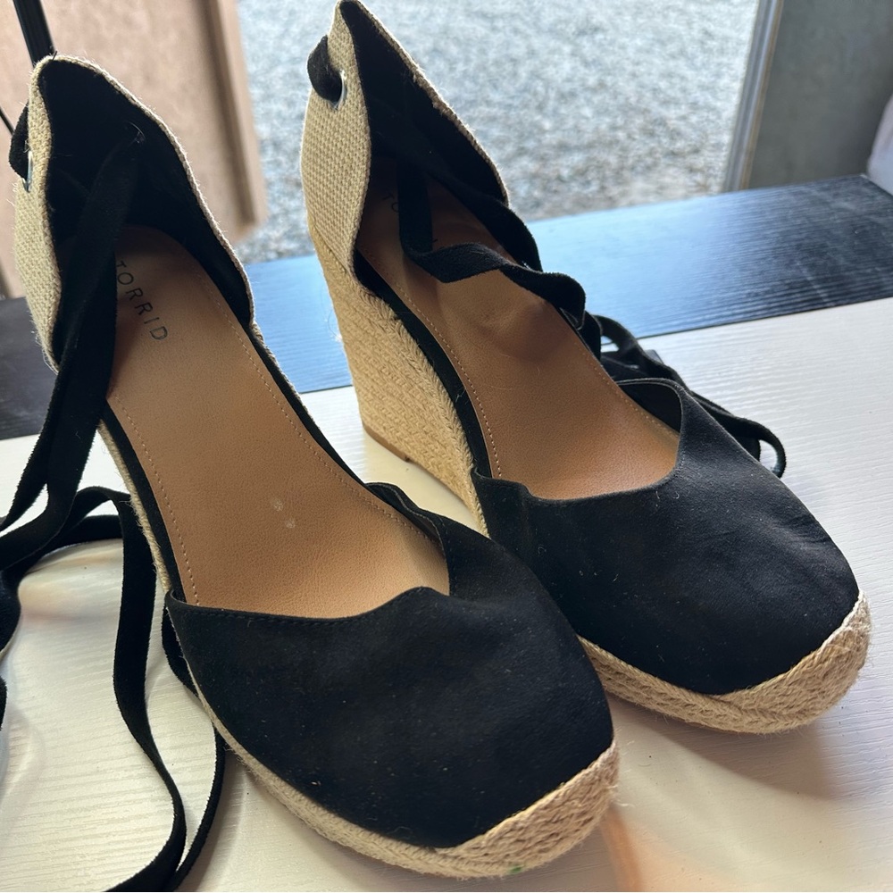 Torrid Black and Natural Espadrille Wedge Sandals - Size 12W - $20
